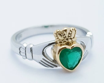 Sterling Silver yellow Gold plated Claddagh ring set with emerald green stone, irish claddagh rings