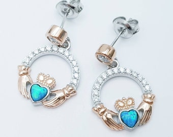 Opal Claddagh Earrings, Silver and Rose Gold Claddagh Earrings,
