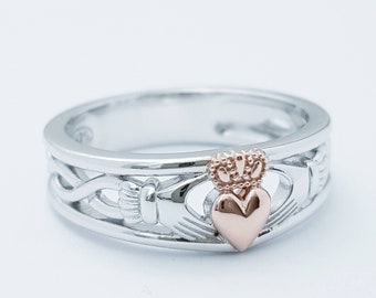 Sterling Silver Claddagh ring, rose gold celtic Knot Claddagh Ring, Irish claddagh band