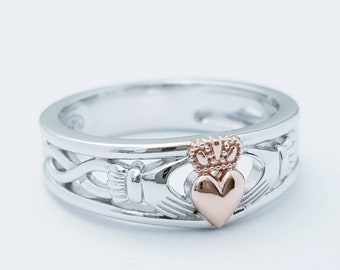 Bague Claddagh en argent sterling, bague Claddagh noeud celtique en or rose, groupe Claddagh irlandais