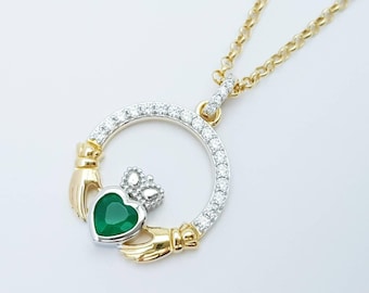 Green Claddagh pendant, claddagh necklace, silver & gold claddagh pendant