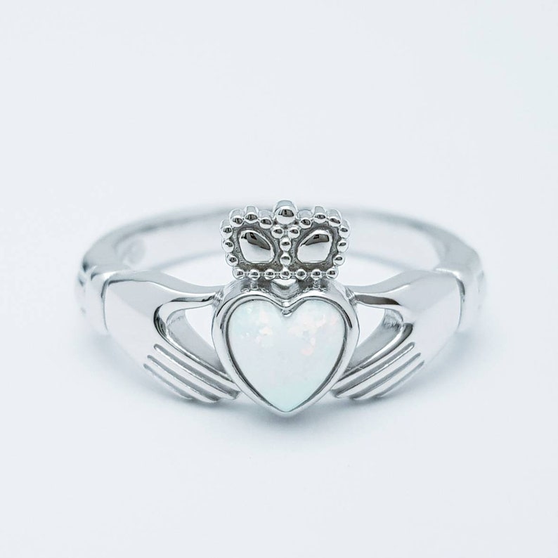 Sterling Silver Claddagh ring set with white opal heart, October birthstone image 2