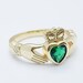 Sterling Silver Yellow Gold plated Claddagh ring set with emerald green heart shaped stone, may birthstone claddagh ring from Ireland 