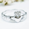 Dainty silver claddagh ring with celtic band, Irish claddagh ring