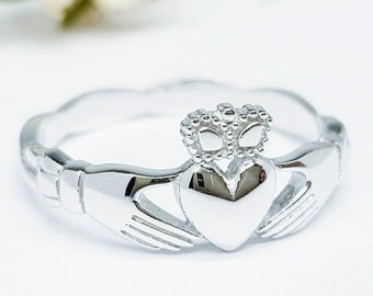 Dainty silver claddagh ring with celtic band, Irish claddagh ring