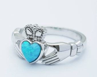 Sterling Silver Claddagh ring set with opal stone, October birthstone