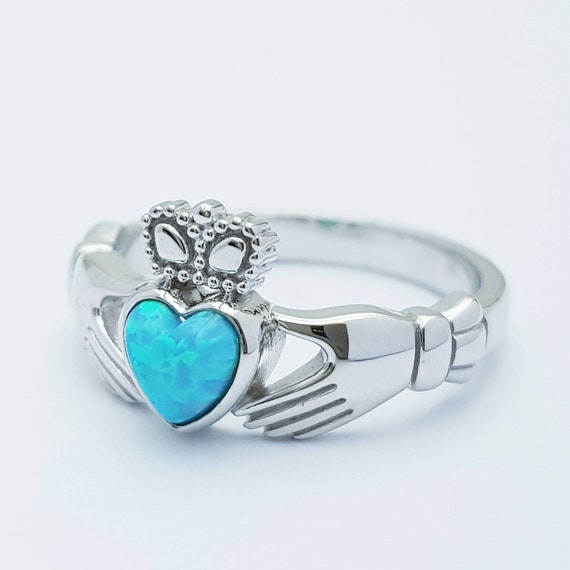 Sterling Silver Claddagh Ring Set With Opal Stone October - Etsy