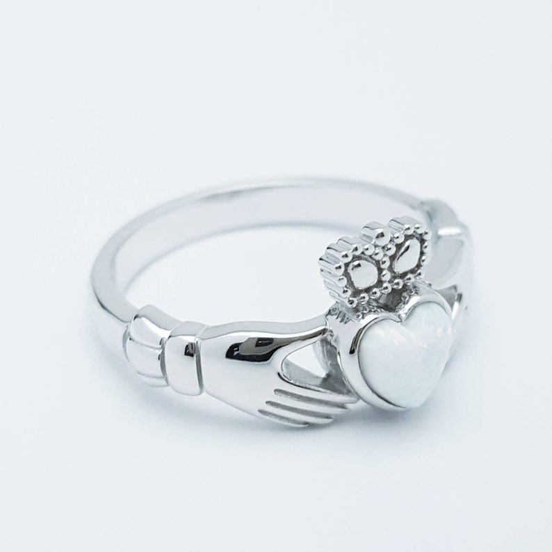 Sterling Silver Claddagh ring set with white opal heart, October birthstone image 3