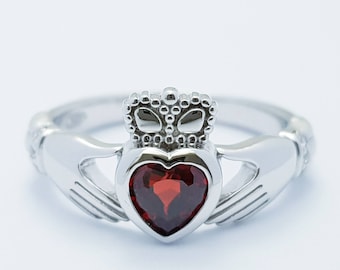 Sterling Silver Claddagh ring set with red garnet heart shaped stone, Irish claddagh rings