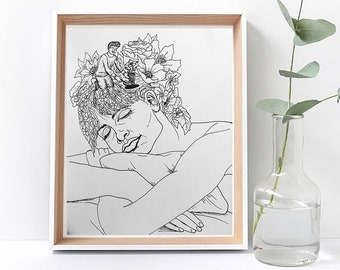 Floral Hair Wall Art Decor, Print of "Bloom" Ink Drawing Print on Matte Paper