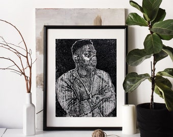 Kendrick Lamar Wall Art Decor, Digital Print of "Kendrick" Relief Woodcut on Luster-Finished Paper