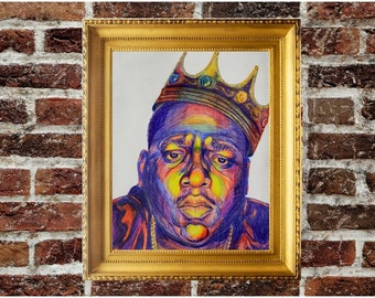 Rapper Biggie Smalls (The Notorious B.I.G.) Wall Art Decor, Print of "The Colorful B.I.G." Colored Pencil Drawing on Luster-Finished Paper