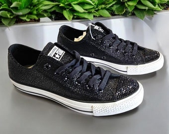 Converse nere con strass abbaglianti - fatte a mano, taglia da donna 6.5