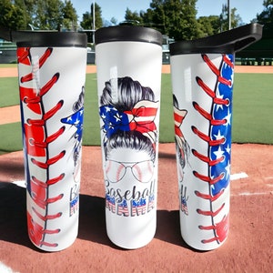 Patriotic Baseball Mama 35oz Stainless Steel Tumbler - American Flag Messy Bun