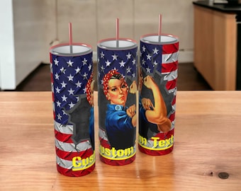 Patriotic 20oz Stainless Tumbler - Custom Text Rosie Riveter - American Flag Drinkware