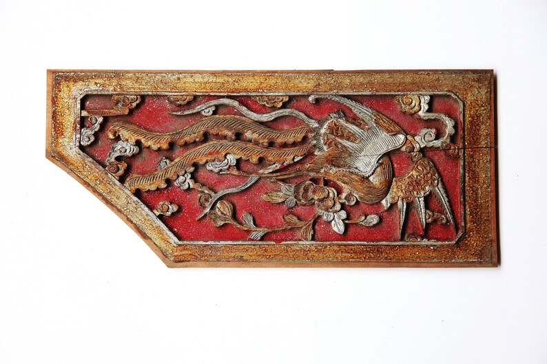 Antique Colorful Wood Carving Wall Art Hanging Deco Sculpture Of Phoenix Carved Panel
