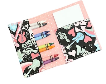 Music Crayon Holder – Girls Mini Crayon Wallet – Kids Coloring Travel Case – Crayon Carrier – Kids Crayon Case with Paper Pad – Gift Idea