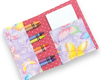 Butterfly Crayon Holder: Kids Travel Coloring Case with Notepad