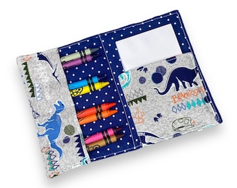 DINOSAUR CRAYON HOLDER- Boys Mini Crayon Wallet- Kids Coloring Travel Case- Kids Crayon Holder- Crayon Case- Crayon Carrier and Paper