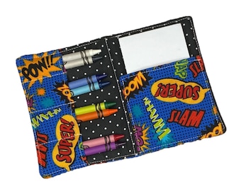 Comic Crayon Holder: Kids Travel Coloring Case with Notepad