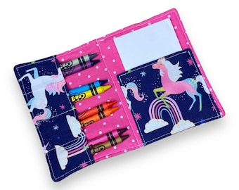 Unicorn Crayon Holder – Girls Mini Crayon Wallet – Kids Coloring Travel Case – Crayon Carrier – Crayon Case with Paper Pad – Gift for Kids