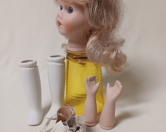 Porcelain Blonde Doll Head, Body Parts, Shoes, Vintage