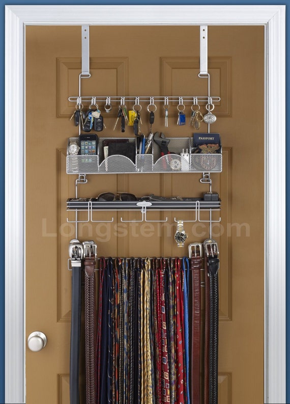 WHITE mens organizer Rated Best! Longstem Mens Over the Door//Wall Belt Tie Valet Organizer Patented