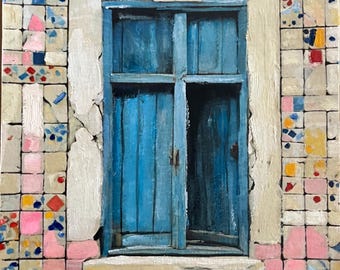 Lisbon Window Oil Painting, Portuguese Azulejo Tile Facade Art