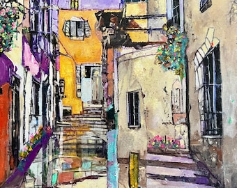 Alfama Lisbon Oil Painting, Framed Canvas Cityscape 12x12