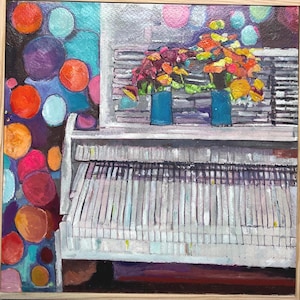 abstract piano original oil painting 12”x12” (30x30 cm) geometrical colorful music art framed ready to hang