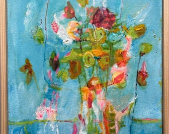 Flowers abstract oil painting 8”x10” (20x25cm) on wood panel ready to hang framed flowers original artwork