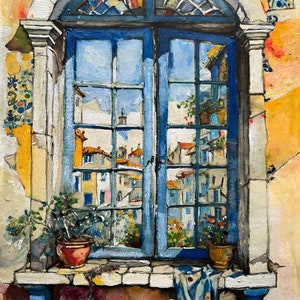 Alfama original oil painting window in Lisbon 8”x6”  (16x21 cm)  cityscape colorful artwork lisboa portuguese tiles street Ana Doolin art