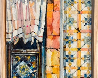 Lisbon Window Oil Painting, Portuguese Azulejo Tile Art (6x8 Framed)