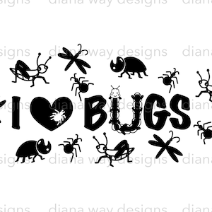 Puede incluir: Gráfico en blanco y negro con el texto "I ❤️ BUGS" rodeado de ilustraciones de insectos, incluyendo un corazón, arañas, libélulas, escarabajos y saltamontes. Perfecto para los amantes de los insectos.