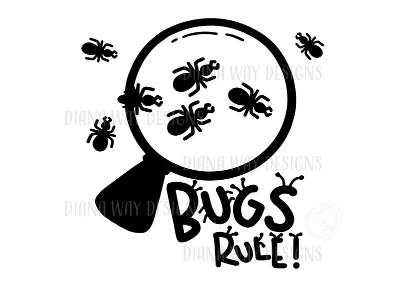 Puede incluir: Gr&aacute;fico en blanco y negro que presenta una lupa con hormigas dentro y alrededor. La frase "BUGS RULE!" est&aacute; escrita en una fuente l&uacute;dica debajo de la lupa. El dise&ntilde;o est&aacute; sobre un fondo blanco.