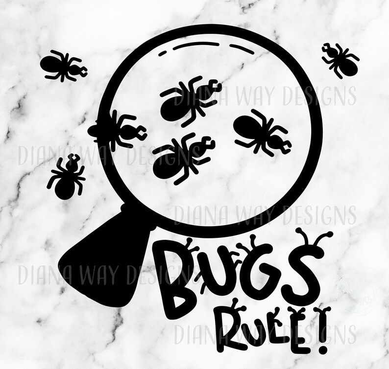 Puede incluir: Dise&ntilde;o gr&aacute;fico en blanco y negro que presenta una lupa con varias hormigas estilizadas dentro de la lente. La frase "BUGS RULE!" est&aacute; escrita debajo de la lupa. El fondo es un patr&oacute;n de m&aacute;rmol.
