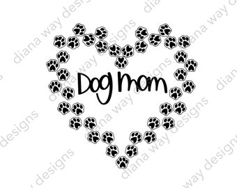 May include: A black and white graphic featuring the words "Dog Mom" inside a heart shape made of paw prints. The design is simple and clean, perfect for dog lovers.