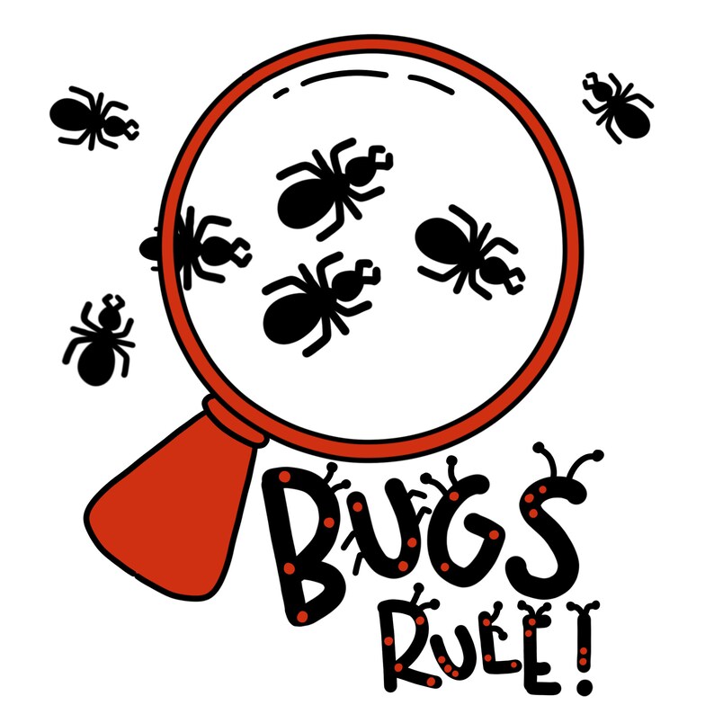 Puede incluir: Ilustraci&oacute;n de dibujos animados con una lupa roja y hormigas negras en su interior. La frase "Bugs Rule!" est&aacute; escrita en negro con lunares rojos sobre un fondo blanco.