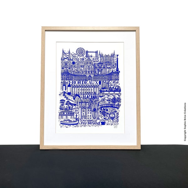 BORDEAUX   Sérigraphie en bleu   Illustration de ville