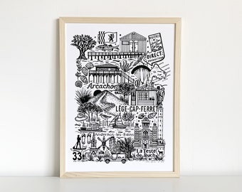 ARCACHON—CAP-FERRET Serigrafia em preto e branco Ilustração da região