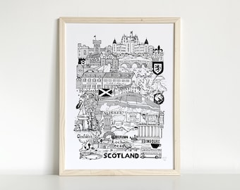 ESCÓCIA Serigrafia em preto e branco Ilustração de viagens