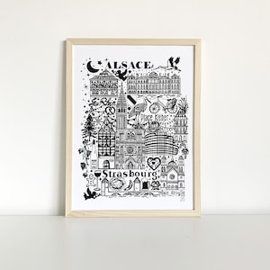 ESTRASBURGO Serigrafía en blanco y negro Ilustración de la ciudad