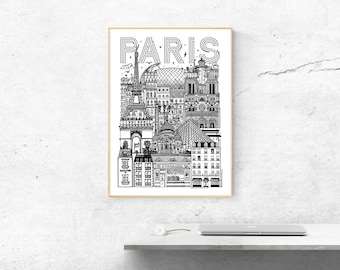VIEW of PARIS XL Poster in zwart-wit Illustratie van de stad