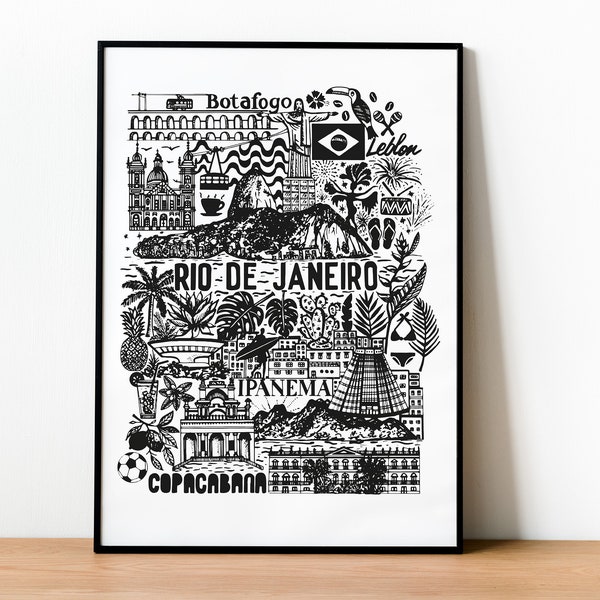 RIO DE JANEIRO   Affiche en noir et blanc   Illustration de voyage au Brésil