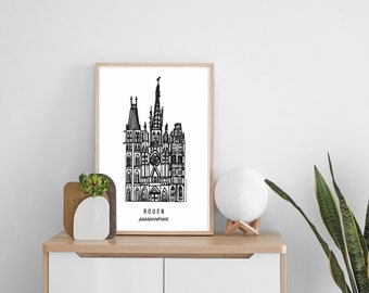 ROUEN   Affiche en noir et blanc   Illustration de la cathédrale