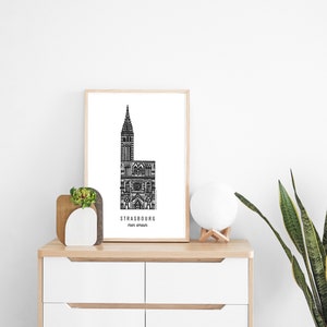 STRASBOURG La Cathédrale Affiche en noir et blanc Illustration de la ville A3 : 29,7 x 42 cm