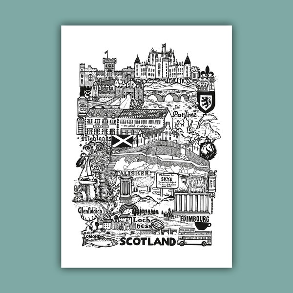 ECOSSE   Carte imprimée en noir et blanc   Illustration de voyage