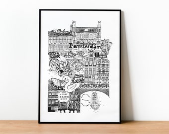 Amsterdam | Black and White Poster | Minimalist Architecture Illustration | Travel Wall Art | Home Decor Gift