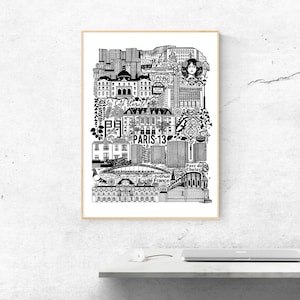 PARIS 13 XL Großformatiges Poster in Schwarzweiß Illustration des Viertels