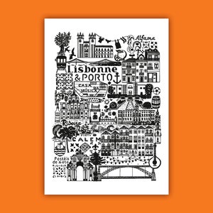 LISBONNE & PORTO   Carte imprimée en noir et blanc   Illustration de voyage